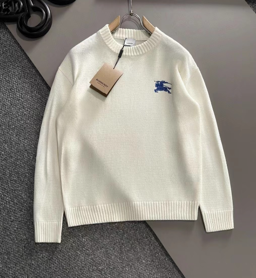 Burberry Cream Knit Sweater with Blue Equestrian Knight Embroidery