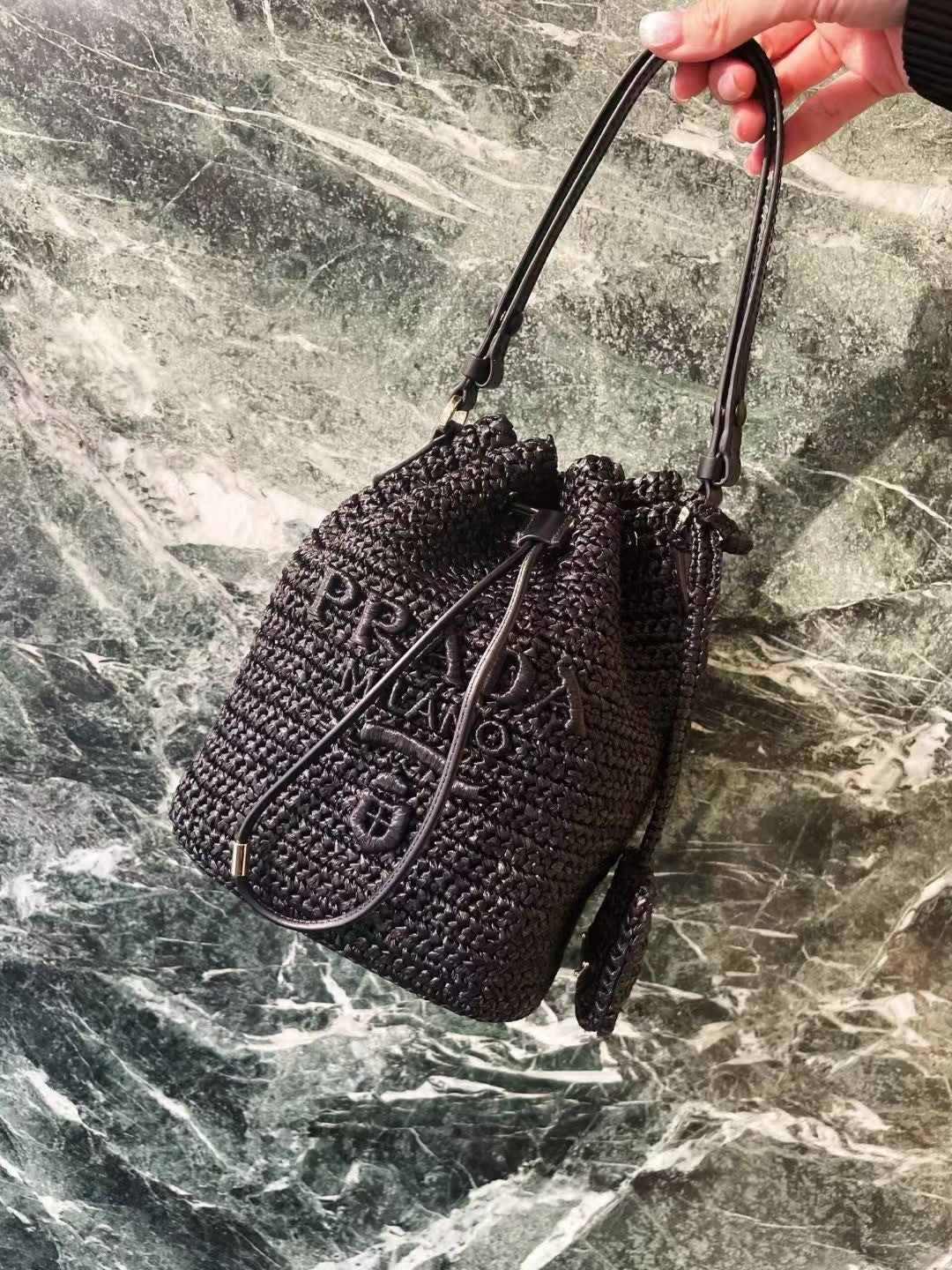 Prada Raffia Bucket Bag – Black