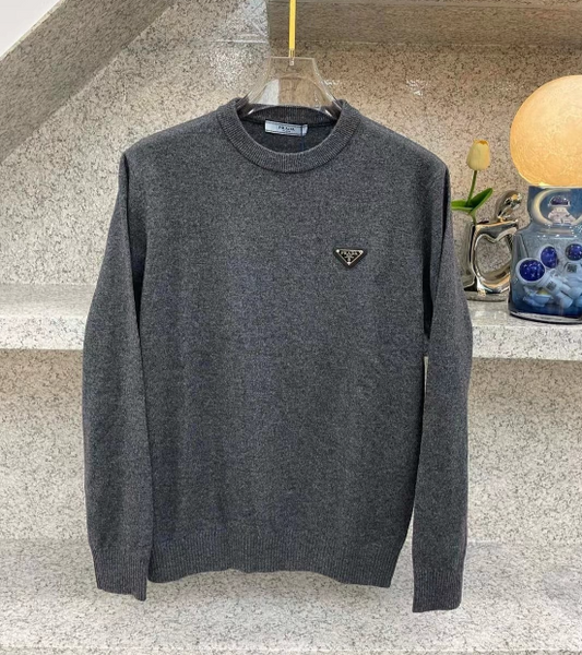 Prada Grey Wool Sweater with Logo Patch