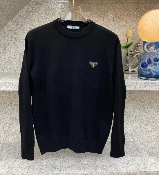 Prada Black Wool Sweater with Logo Patch