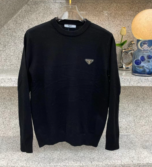 Prada Black Wool Sweater with Logo Patch