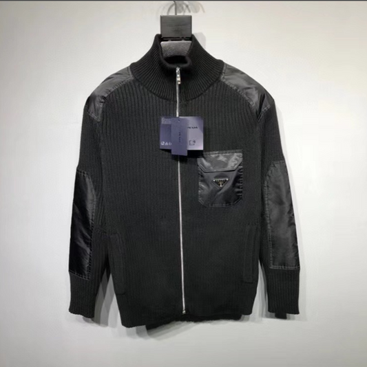Prada Black Knit Zip-Up Jacket with Nylon Inserts