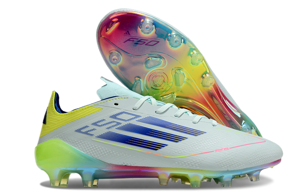Adidas F50 Elite FG – White/Yellow/Blue with Iridescent Soleplate