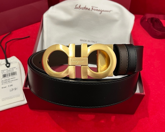 Salvatore Ferragamo Reversible Leather Belt – Gold Double Gancini Buckle