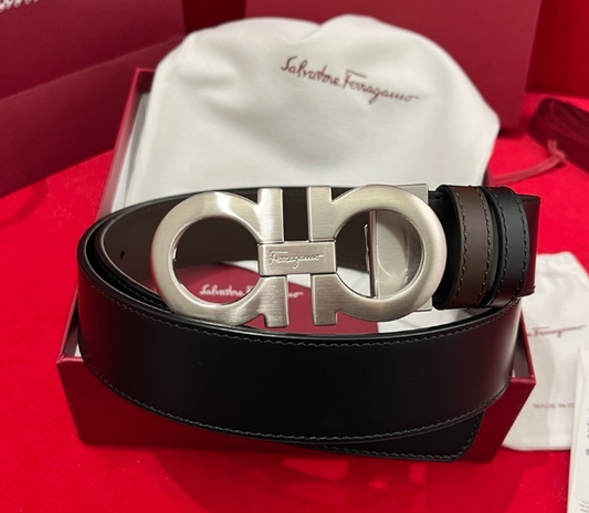 Salvatore Ferragamo Reversible Leather Belt – Brushed Silver Double Gancini Buckle
