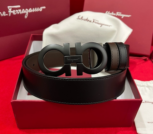 Salvatore Ferragamo Reversible Leather Belt – Matte Black Double Gancini Buckle