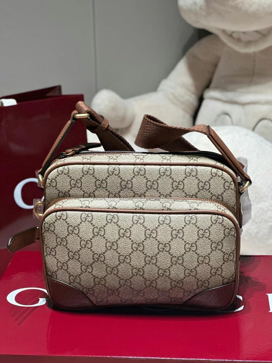 Gucci GG Supreme Messenger Bag – Beige/Ebony with Brown Leather