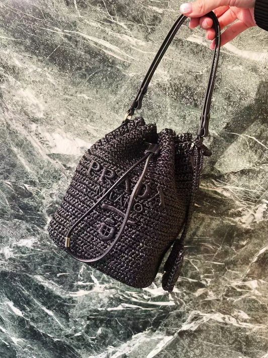 Prada Raffia Bucket Bag – Black