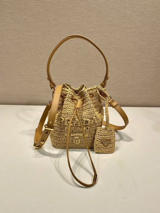 Prada Raffia Bucket Bag – Natural Beige