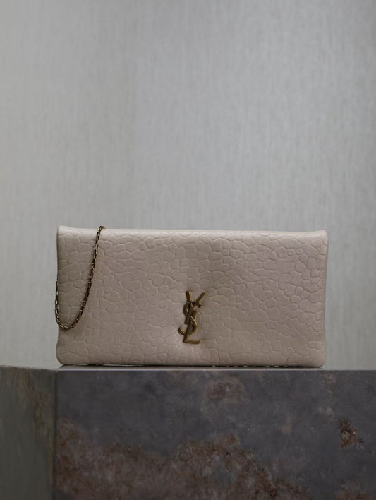 Saint Laurent Kate Wallet on Chain in Textured Beige Leather
