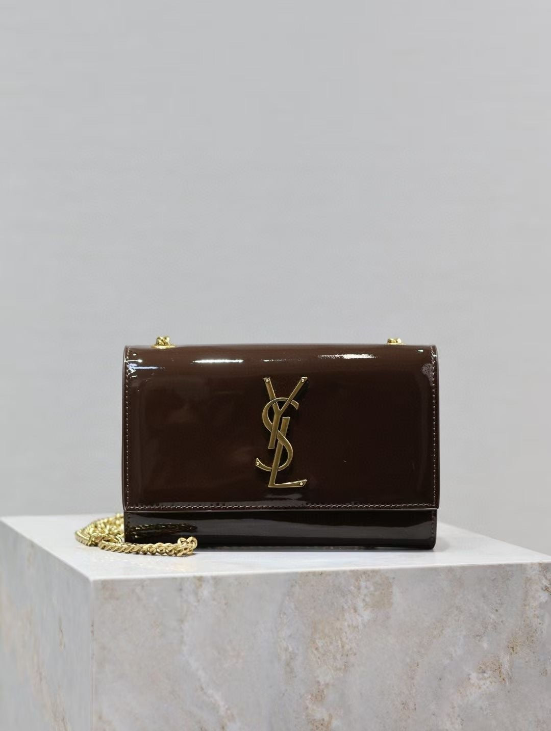 Saint Laurent Kate Monogram Chain Bag in Brown Patent Leather